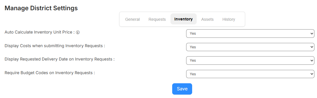 General settings - Inventory tab.